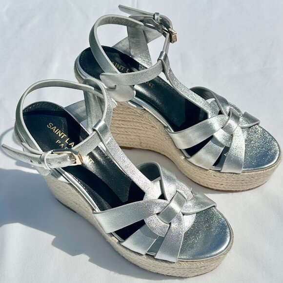 NEW Saint Laurent Tribute Espadrille Wedge Sandals YSL Metallic Silver Italy 36 - Picture 1 of 16